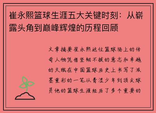 崔永熙篮球生涯五大关键时刻：从崭露头角到巅峰辉煌的历程回顾