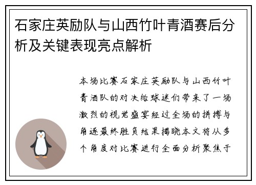 石家庄英励队与山西竹叶青酒赛后分析及关键表现亮点解析